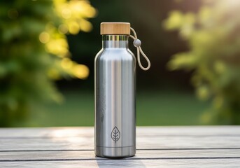 A stainless steel water bottle with a wooden lid sitting on a wooden table outdoors in daylight