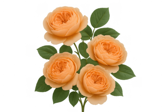 Peach color roses showcasing delicate petals and lush green leaves, arranged beautifully on a stem with a transparent background