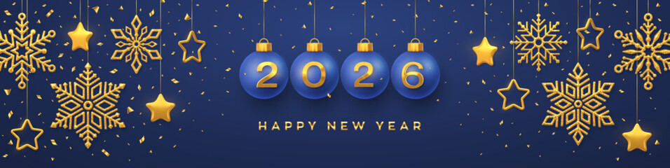 Happy New Year 2026. Hanging blue Christmas bauble balls with realistic golden 3d numbers 2026. Golden snowflakes and 3D metallic stars on blue background. Holiday banner, header. Vector Illustration