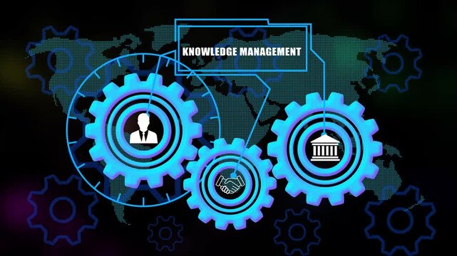 knowledge management Concept Gears with Icons on world map Background 