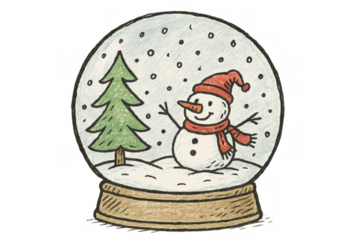 Snow globe with a smiling snowman, red hat, scarf, and a pine tree, falling snow, transparent background