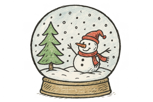 Snow globe with a smiling snowman, red hat, scarf, and a pine tree, falling snow, transparent background