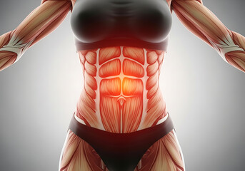 Anatomical illustration of a human torso showing the abdominal muscles with a highlight on the core