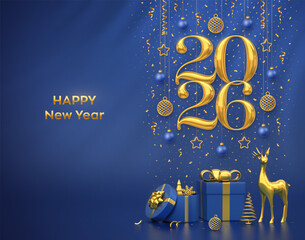 Happy New Year 2026. Hanging golden metallic numbers 2026 with stars, balls and snowflake on blue background. Reindeer, gift boxes, metallic pine or fir, cone shape spruce trees. Vector illustration.