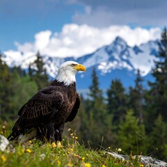 Obraz premium A majestic bald eagle perches in a vibrant meadow, overlooking a snow-capped mountain range under a clear blue sky. Lush greenery surrounds