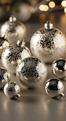 Shiny Silver Christmas Ornaments with Bokeh Lights in the Background.