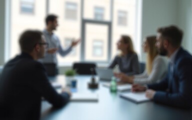 Fototapeta premium Blur office meeting blurred background with business people working group in boardroom discussion for teamwork brainstorming, executive seminar or professional training in small startup enterprise