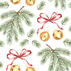 Watercolor pine branches with red bows and round bells seamless pattern for Christmas design. Hand-drawn illustration of spruce twig for winter holiday decor. Festive background for textile, wallpaper
