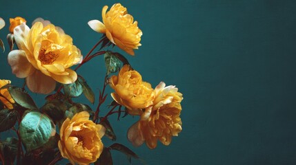 Yellow Roses with Water Droplets on Teal Background
