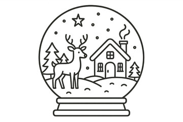 Christmas winter wonderland snow globe illustration with reindeer, cozy house, snowy trees, and falling snow lines