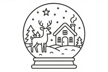 Christmas winter wonderland snow globe illustration with reindeer, cozy house, snowy trees, and falling snow lines