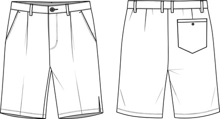 Men’s flat front tailored shorts technical sketch, back patch pocket, classic casual wear design, fashion vector outline front back view