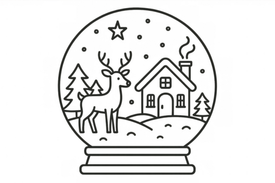 Christmas winter wonderland snow globe illustration with reindeer, cozy house, snowy trees, and falling snow lines