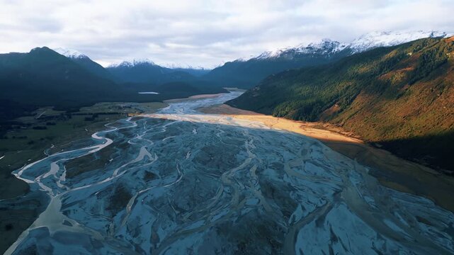 Aerial Drone Footage of New Zealand&rsquo;s Braided Rivers Near Glenorchy, Dart River &mdash; Turquoise Channels, Alpine Valleys, and Scenic South Island Landscape in Stunning Natural Patterns