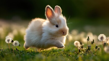 Obraz premium Cute fluffy rabbit hopping through dandelion flowers in vibrant green grass under warm sunlight