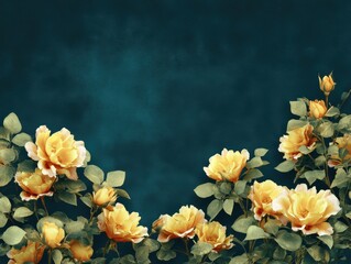 Yellow Roses Border on Dark Teal Textured Background