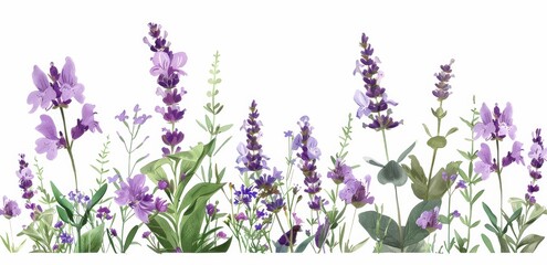 Naklejka premium Watercolor Painting of Lavender Flowers and Greenery on White Background Delicate Floral Illustration