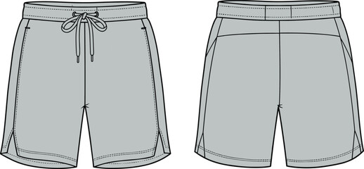 Men’s athletic shorts technical fashion flat sketch, vector CAD drawing template with drawstring, activewear sports shorts design.