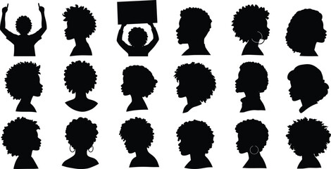 Afro silhouette collection, diverse curly hairstyles, cultural identity, black hair art, textured profiles, natural beauty, ethnic diversity, hairstyle variations, artistic expression,  © Sawda's World