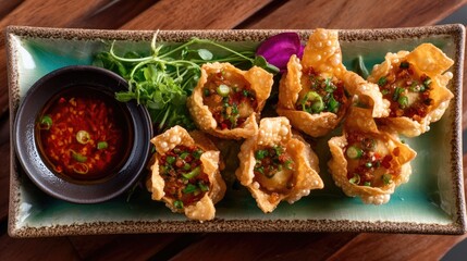 Deliciously Crispy Wonton Cups Filled with Savory Filling and Accompanied by Spicy Dipping Sauce