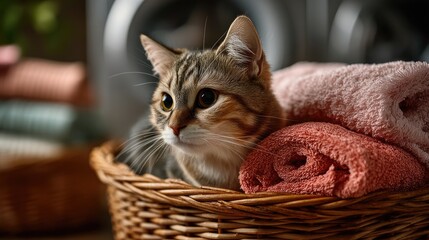 Adorable Cat Relaxing in a Woven Basket Surrounded by Soft Towels in a Cozy Laundry Room Setting