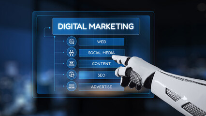A robotic hand engages with a digital marketing dashboard that highlights essential components like web, social media, content, SEO, and advertising for modern business strategies. Synapse