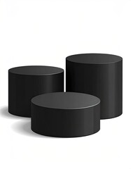 3 black cylinders stacked, tiered display arrangement