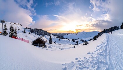 A panoramic view of a snow-covered mountain landscape at sunrise, showcasing a wooden cabin and ski tracks
