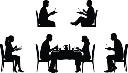 Dining silhouettes, people eating, couples at table, social interaction, restaurant scene, minimalist design, black silhouettes, lifestyle concept,
