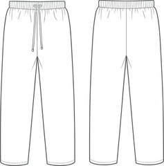 Men’s basic sweatpants flat vector, front and back view, drawstring waist, fashion CAD sketch, apparel technical illustration