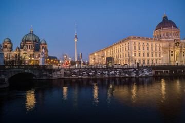 The Berlin Cathedral, the famous TV Tower and the rebuilt City Palace at dusk