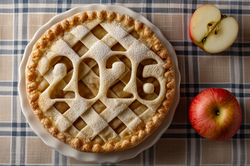 Top view of apple pie with numbers 2026 cut out of dough against checkered tablecloth

