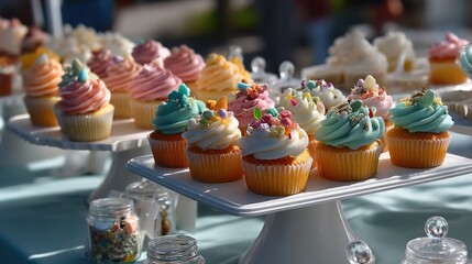 Obraz premium Colorful Cupcakes Displayed on Elegant Stands at a Festive Event in Natural Light with Soft Focus Background