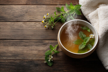 Top view of ceramic bowl with herbal infusion on wooden background with copy space
