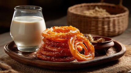 Delicious Indian sweet jalebi served with a glass of fresh milk on a rustic wooden table with woven basket in the background