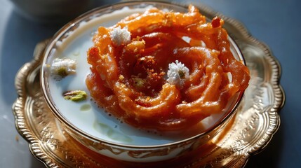 Delicious traditional sweet dessert served with creamy milk and garnished with edible flowers and nuts in a decorative bowl