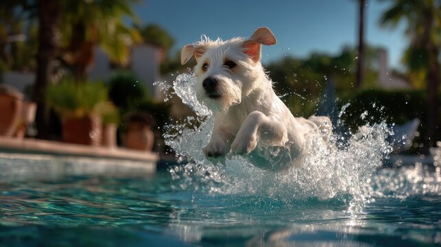 Happy dog jumping into clear blue swimming pool under sunlight surrounded by lush greenery and palm trees