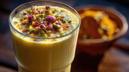 Creamy Turmeric Smoothie with Pistachios and Edible Flowers for Health and Wellness