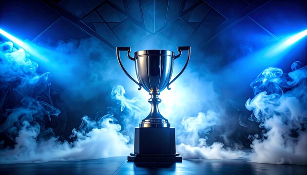 A shiny silver trophy, lit dramatically by blue spotlights, sits on a black base amid billowing smoke against a dark background