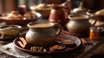 Fototapeta premium Traditional Clay Pot with Aromatic Spices and Tea on Rustic Wooden Table in Cozy Dining Setting