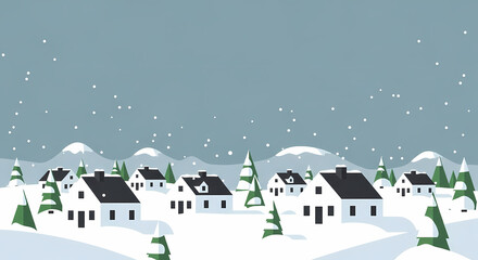 Snowy winter village landscape with houses and pine trees in background  