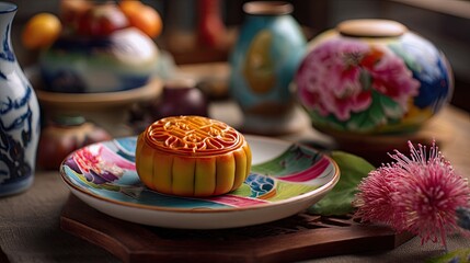 Exquisite Mooncake on Colorful Plate Surrounded by Traditional Asian Decorations and Floral Accents