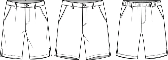 Men’s bermuda shorts technical flat sketch, casual wear vector illustration, front view design template, fashion outline drawing