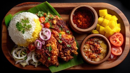 Delicious Plate of Crispy Chicken Served with Rice, Fresh Vegetables, and Spicy Sauces on Wooden Tray