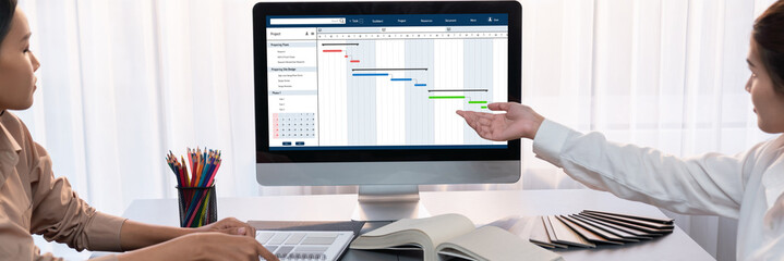 Project planning software for brisk business project management on the computer screen showing...