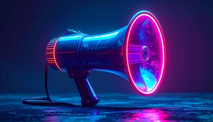 A retro-futuristic megaphone, illuminated by neon lights, sits on a reflective surface. The image exudes a vibrant, cyberpunk aesthetic