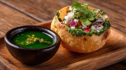 Delicious Indian Pani Puri with Green Chutney on Wooden Plate, Traditional Snack with Crispy Shell and Spicy Filling