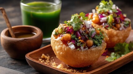 Delicious Pani Puri served with Green Sauce on Wooden Tray Accompanied by Fresh Chutney and Garnished with Herbs