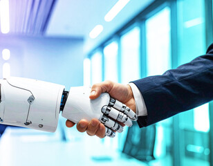 ビジネスマンとロボットがオフィスで握手している様子