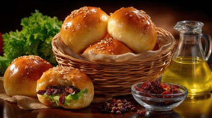 Freshly Baked Sesame Rolls with Greens and Dried Fruits on a Rustic Table Setting